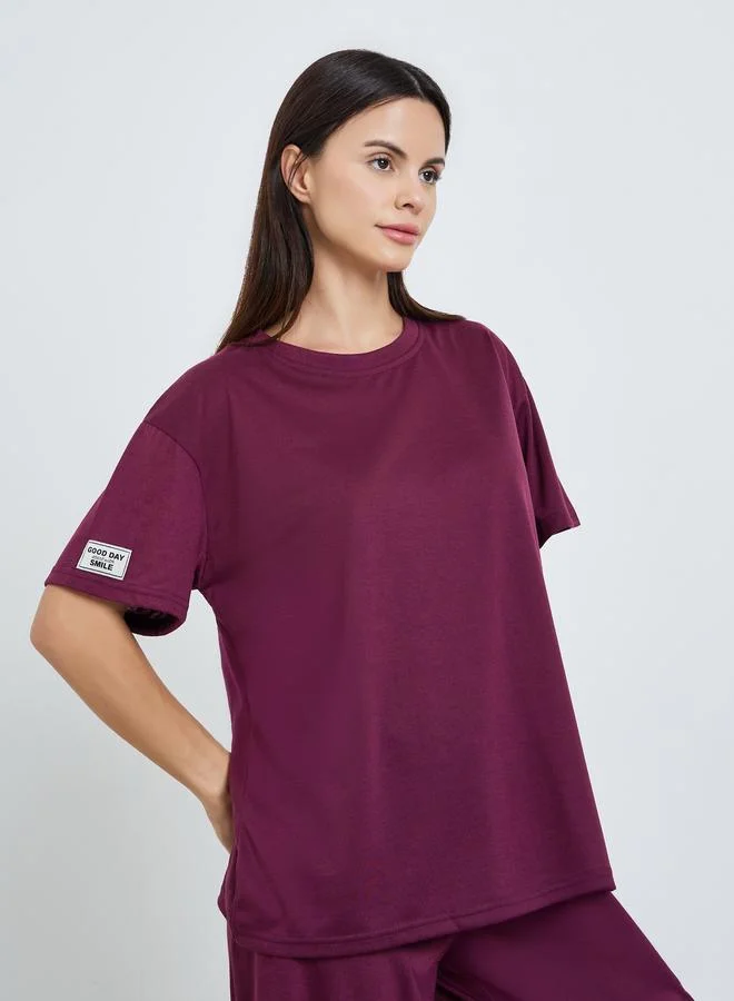 Styli Women Burgundy Knitted T-Shirt and Pyjama Set